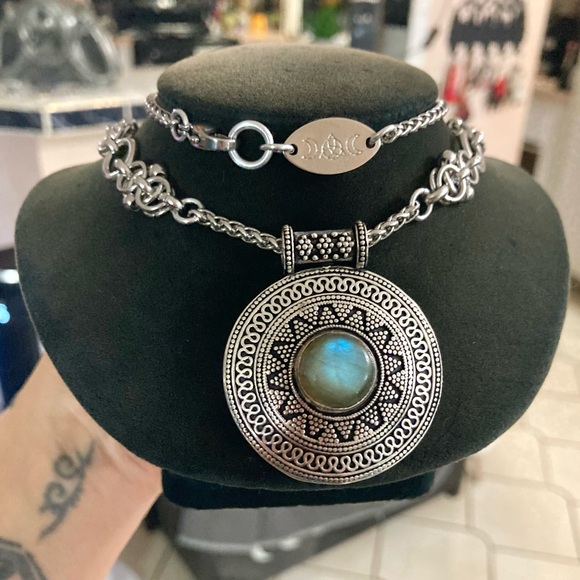 Flash iridescent labradorite gemstone boho round design double chain necklace - Picture 1 of 13